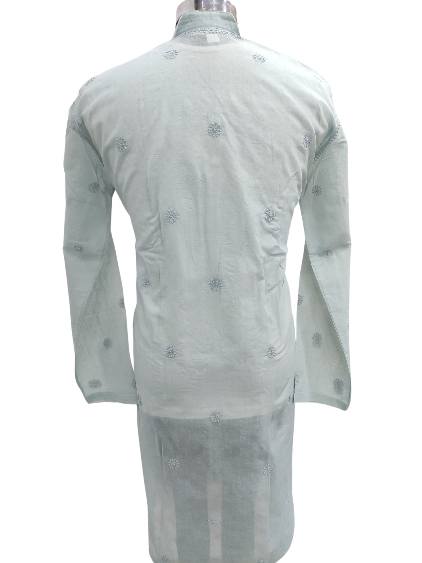 Shyamal Chikan Hand Embroidered Grey Cotton Lucknowi Chikankari Men's Kurta With Daraz Work S23439