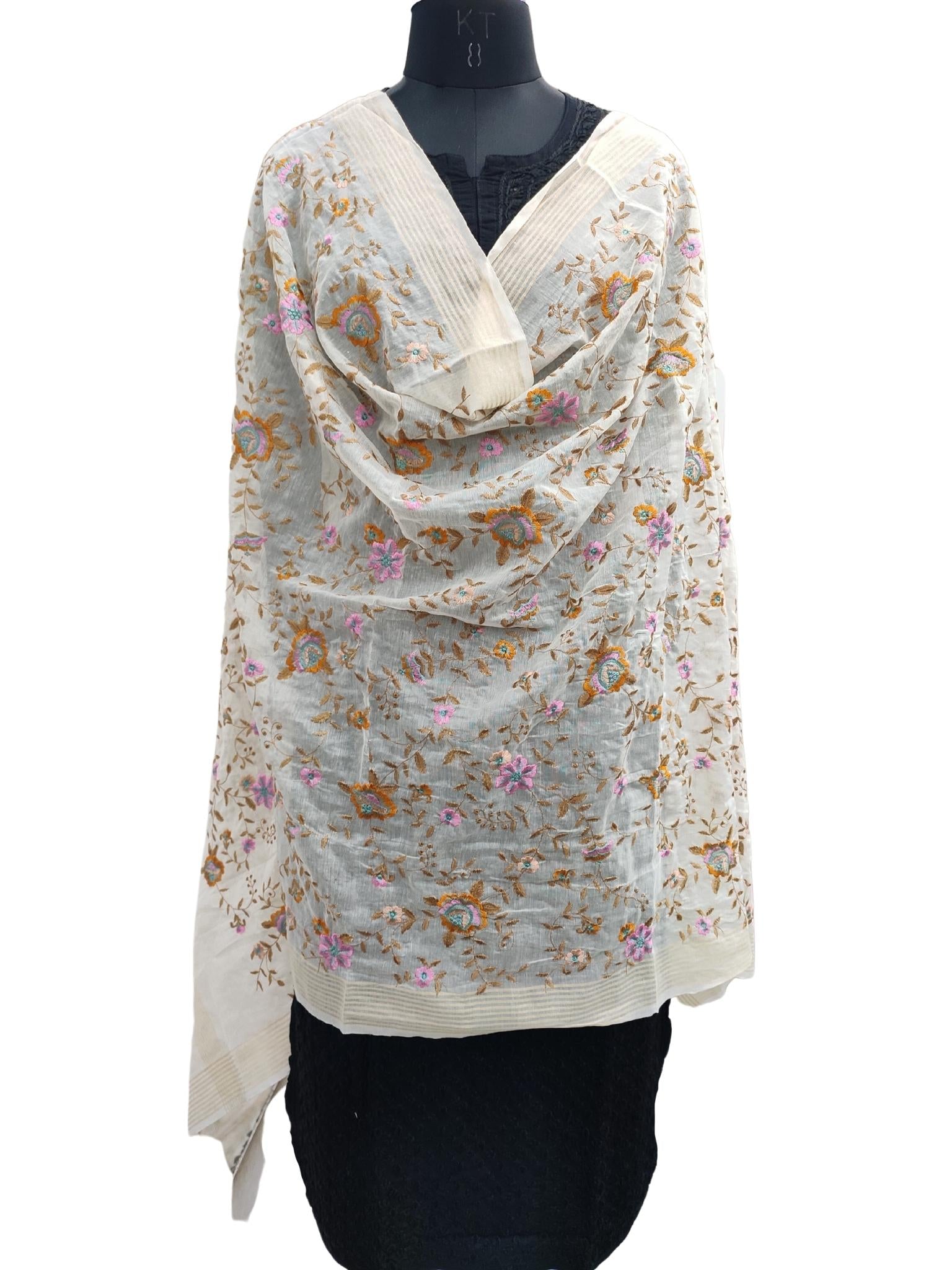 Shyamal Chikan White Chanderi Full Jaal Dupatta - S16928