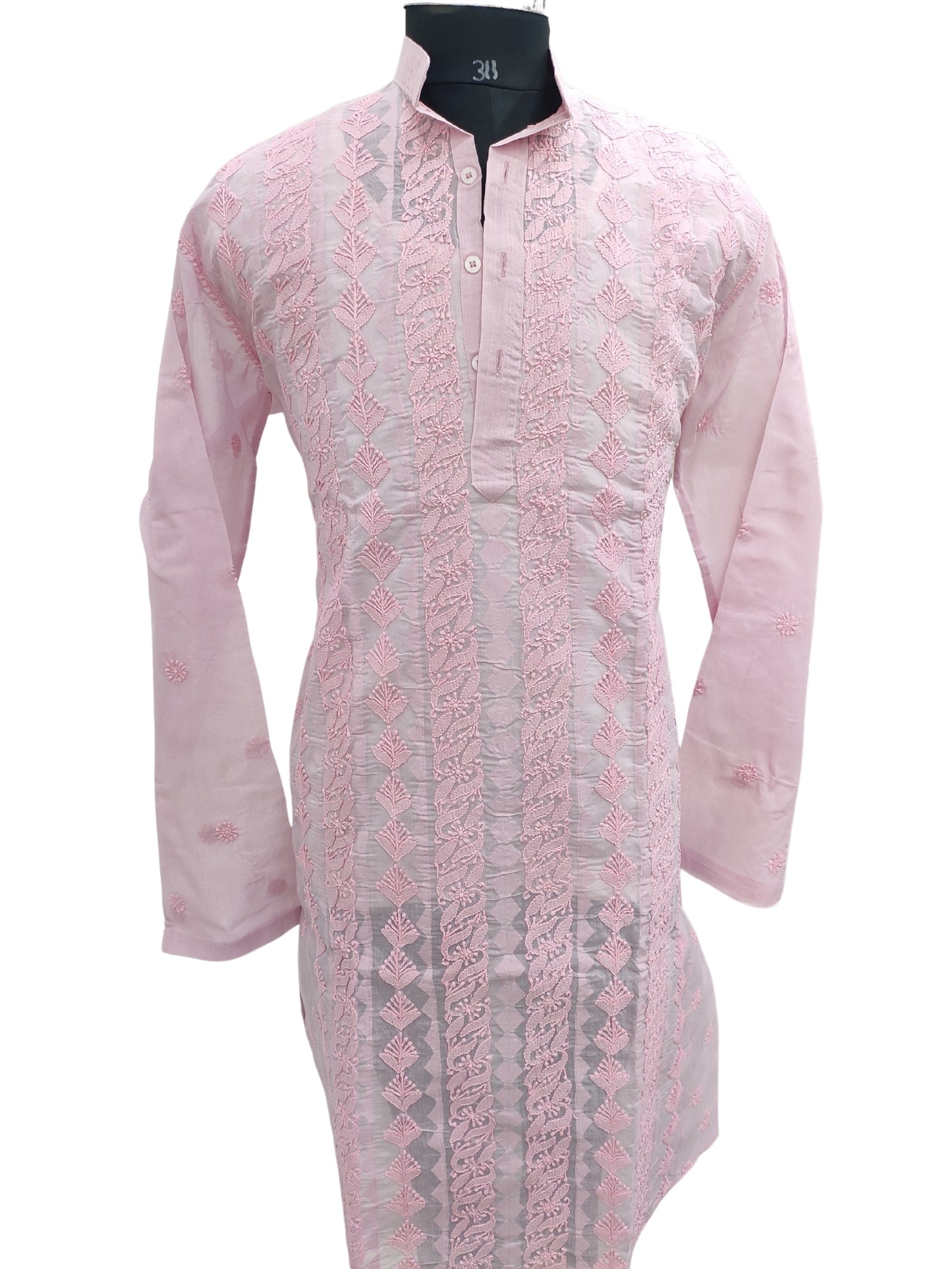 Shyamal Chikan Hand Embroidered Pink Cotton Lucknowi Chikankari Men's Kurta With Daraz Work S23440