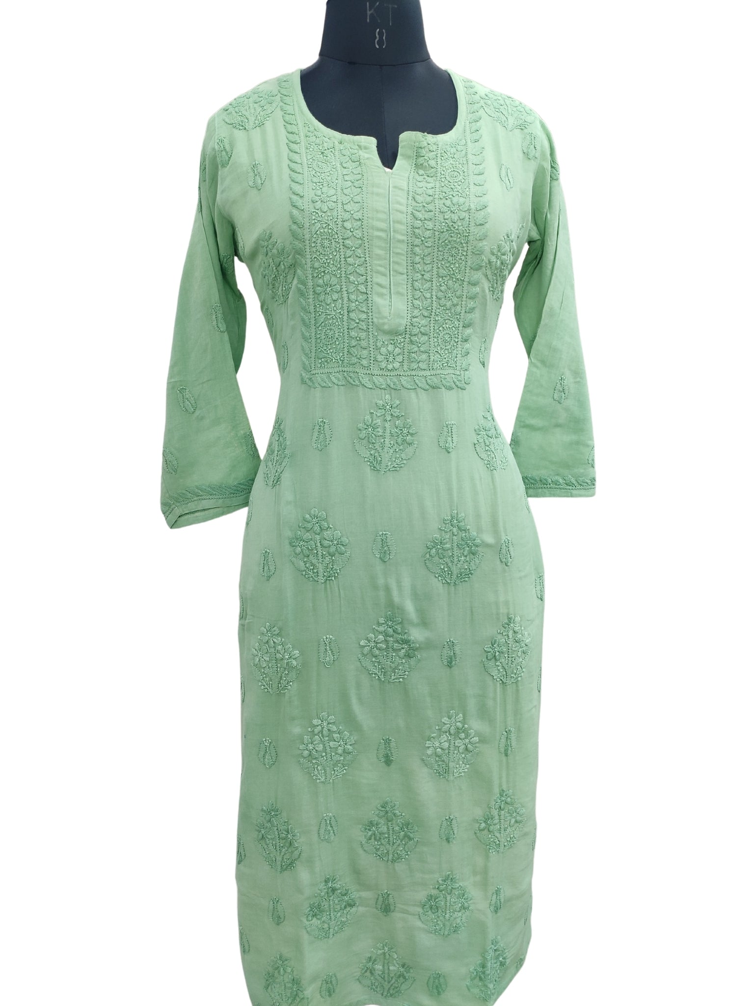 Shyamal Chikan Hand Embroidered Green Mul Lenin Lucknowi Chikankari Kurti- 23849