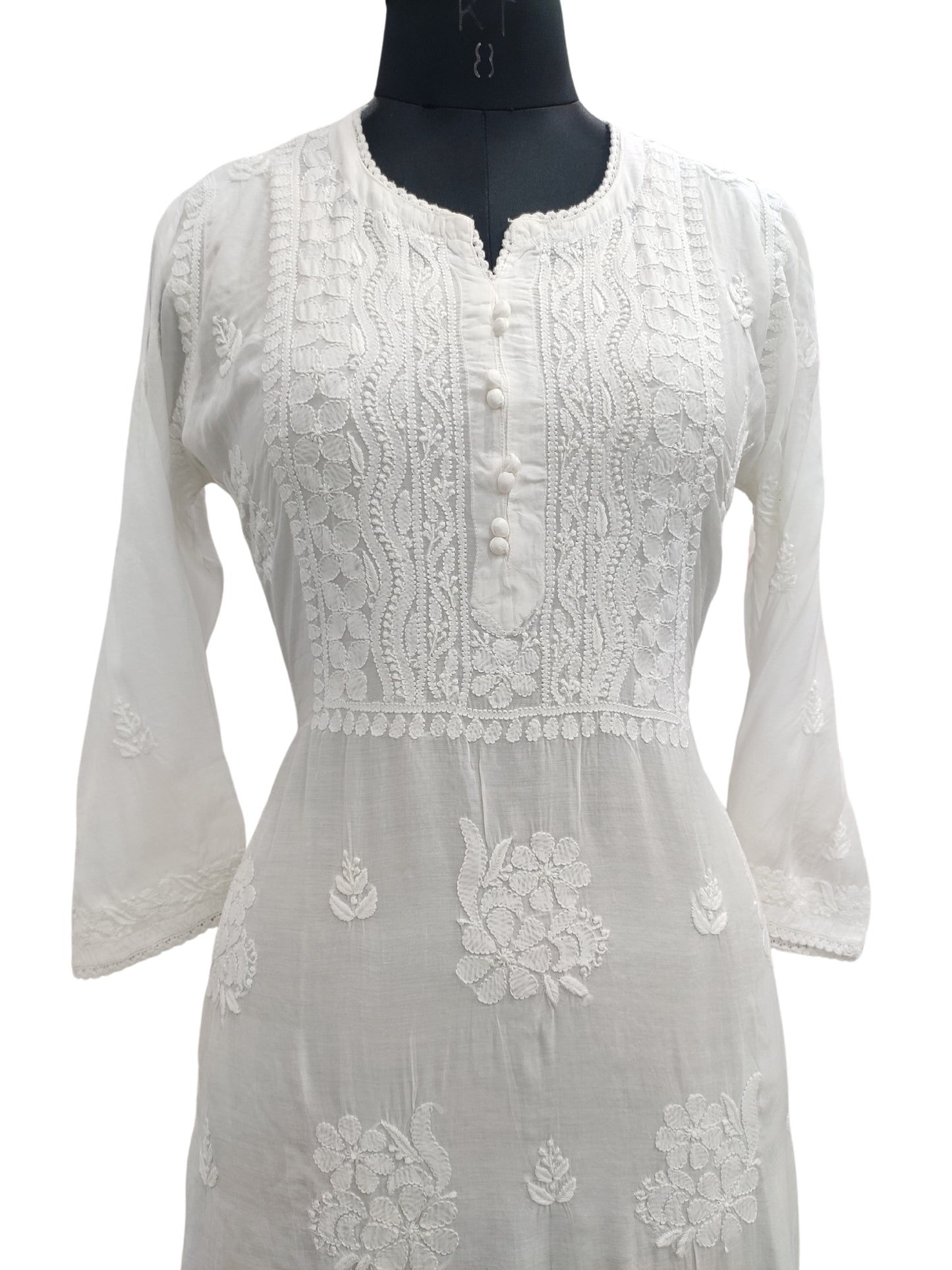 Shyamal Chikan Hand Embroidered White Muslin Lucknowi Chikankari Kurti - S24965