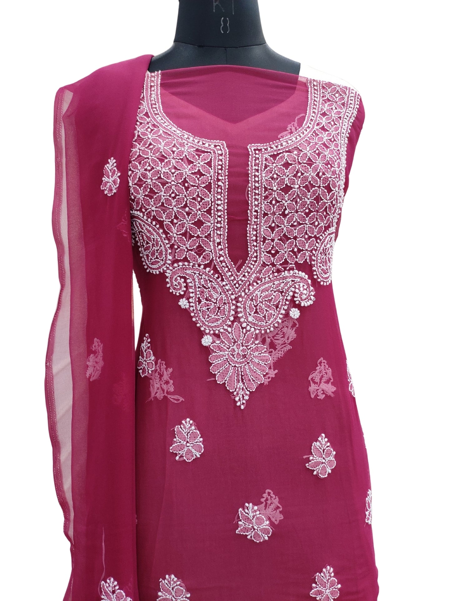 Shyamal Chikan Hand Embroidered Wine Georgette Lucknowi Chikankari Unstitched Suit Piece - 24097