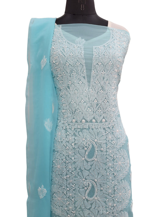 Shyamal Chikan Hand Embroidered Blue Georgette Lucknowi Chikankari Unstitched Suit Piece - S24361