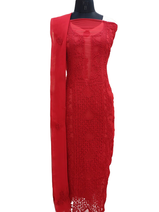 Shyamal Chikan Hand Embroidered Red Georgette Lucknowi Chikankari Unstitched Suit Piece - S21947