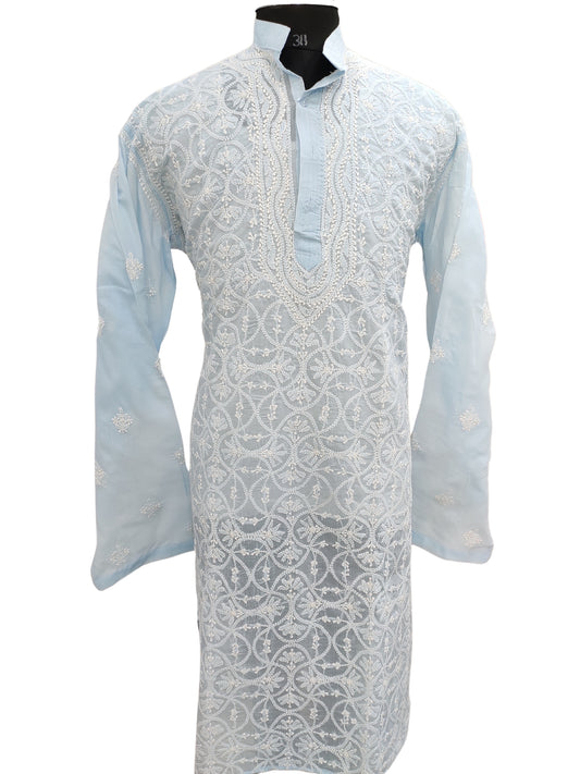 Shyamal Chikan Hand Embroidered Blue Cotton Lucknowi Chikankari Men's Kurta –S22664