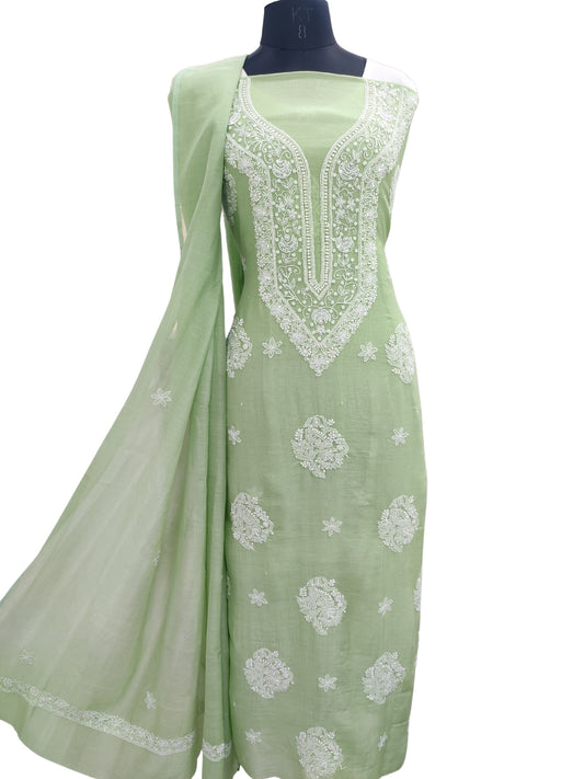 Shyamal Chikan Hand Embroidered Green Mul Chanderi Lucknowi Chikankari Unstitched Suit Piece with Cutdana & Sequin Work (Kurta Dupatta Set) 23762