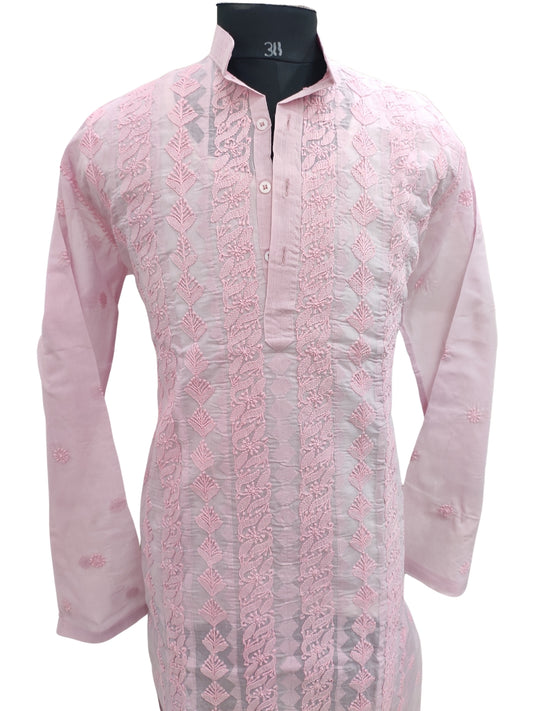 Shyamal Chikan Hand Embroidered Pink Cotton Lucknowi Chikankari Men's Kurta With Daraz Work S23440