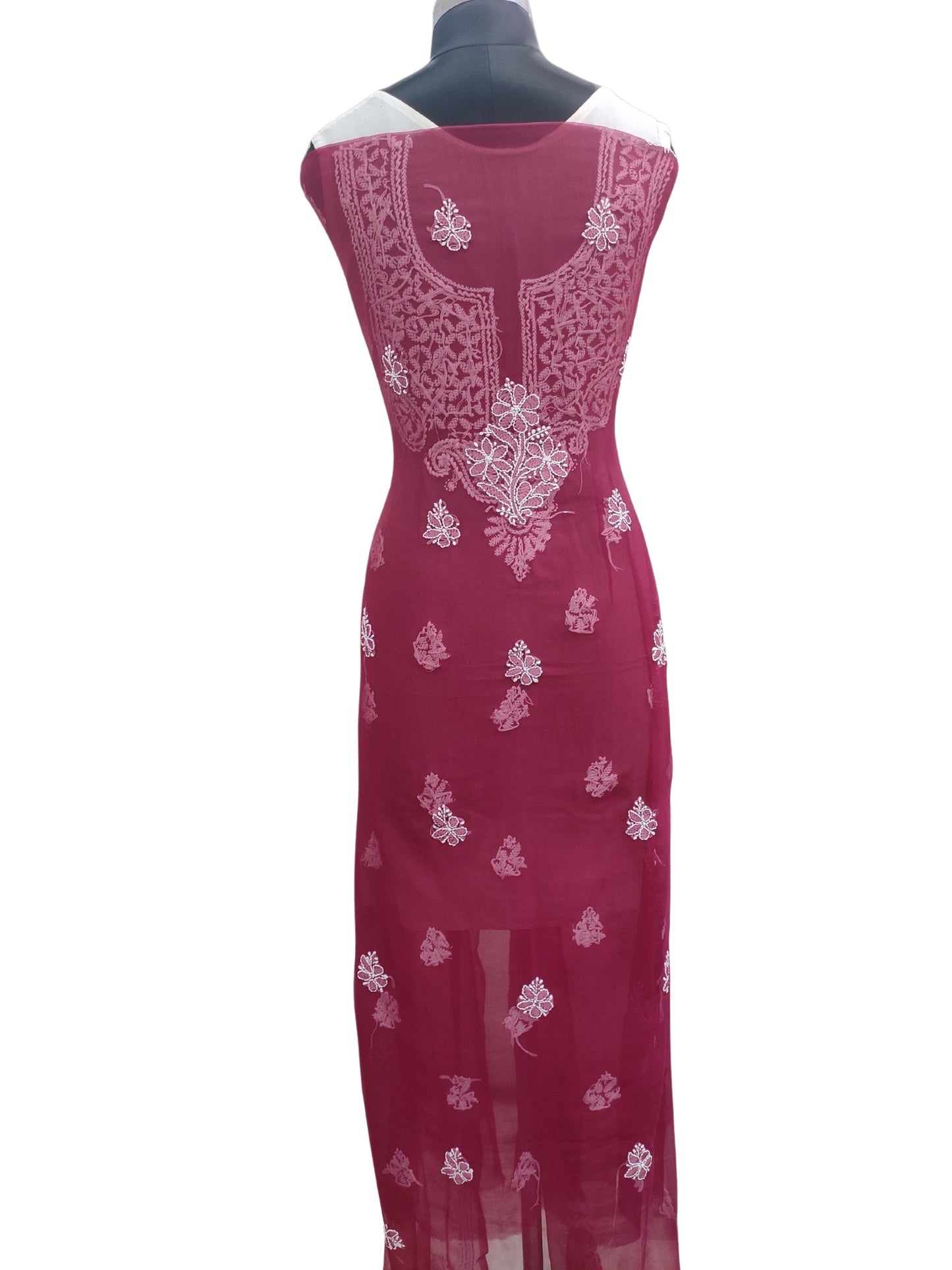 Shyamal Chikan Hand Embroidered Wine Georgette Lucknowi Chikankari Unstitched Suit Piece - 24097