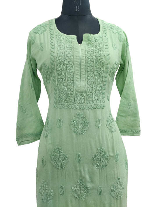 Shyamal Chikan Hand Embroidered Green Mul Lenin Lucknowi Chikankari Kurti- 23849