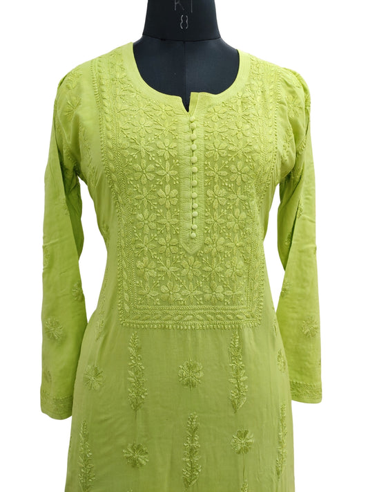 Shyamal Chikan Hand Embroidered Green Modal Cotton Lucknowi Chikankari Kurti - S21791