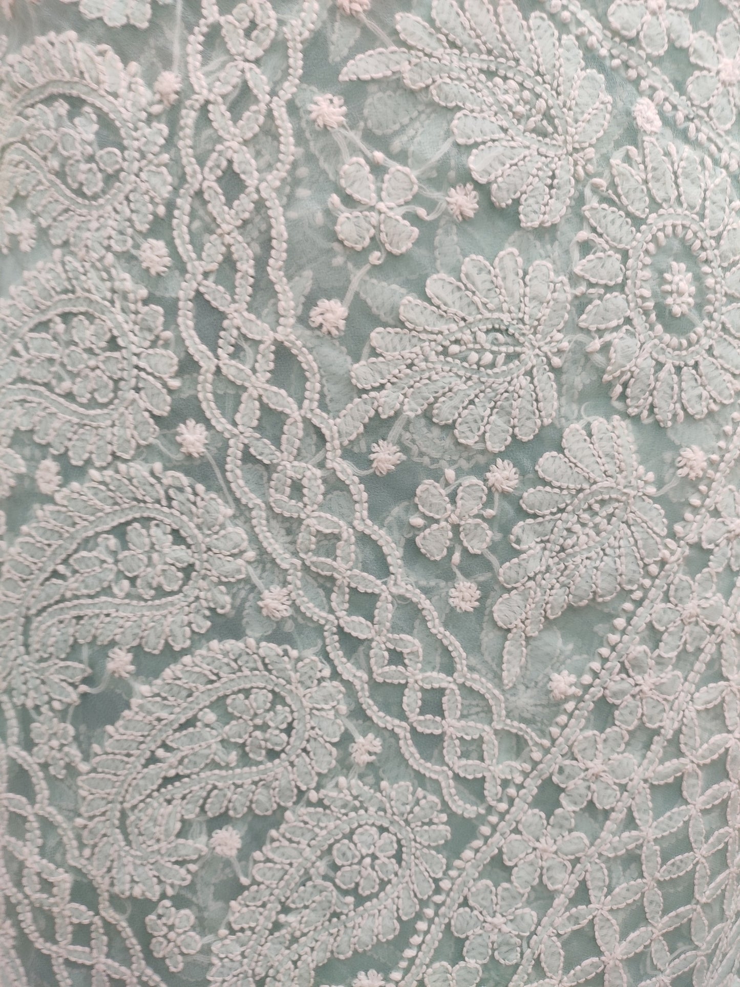 Shyamal Chikan Hand Embroidered Sea Green Georgette Lucknowi Chikankari Full Jaal Saree With Blouse Piece - S21558