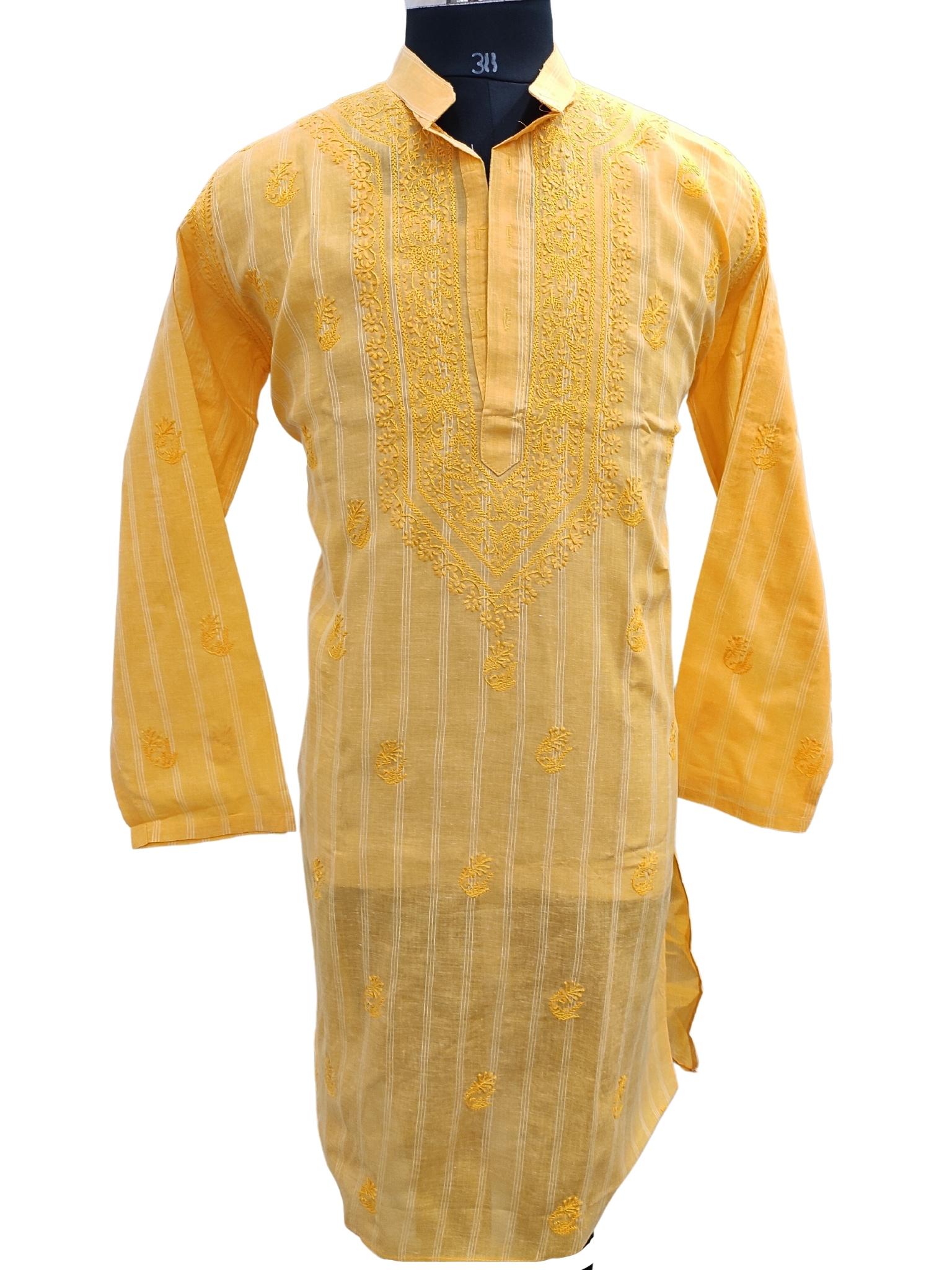 Shyamal Chikan Hand Embroidered Yellow Cotton Lucknowi Chikankari Men's Kurta – S17243