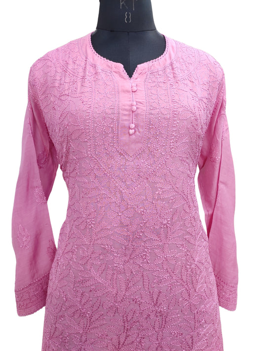 Shyamal Chikan Hand Embroidered Pink Muslin Lucknowi Chikankari Short Top - S23483