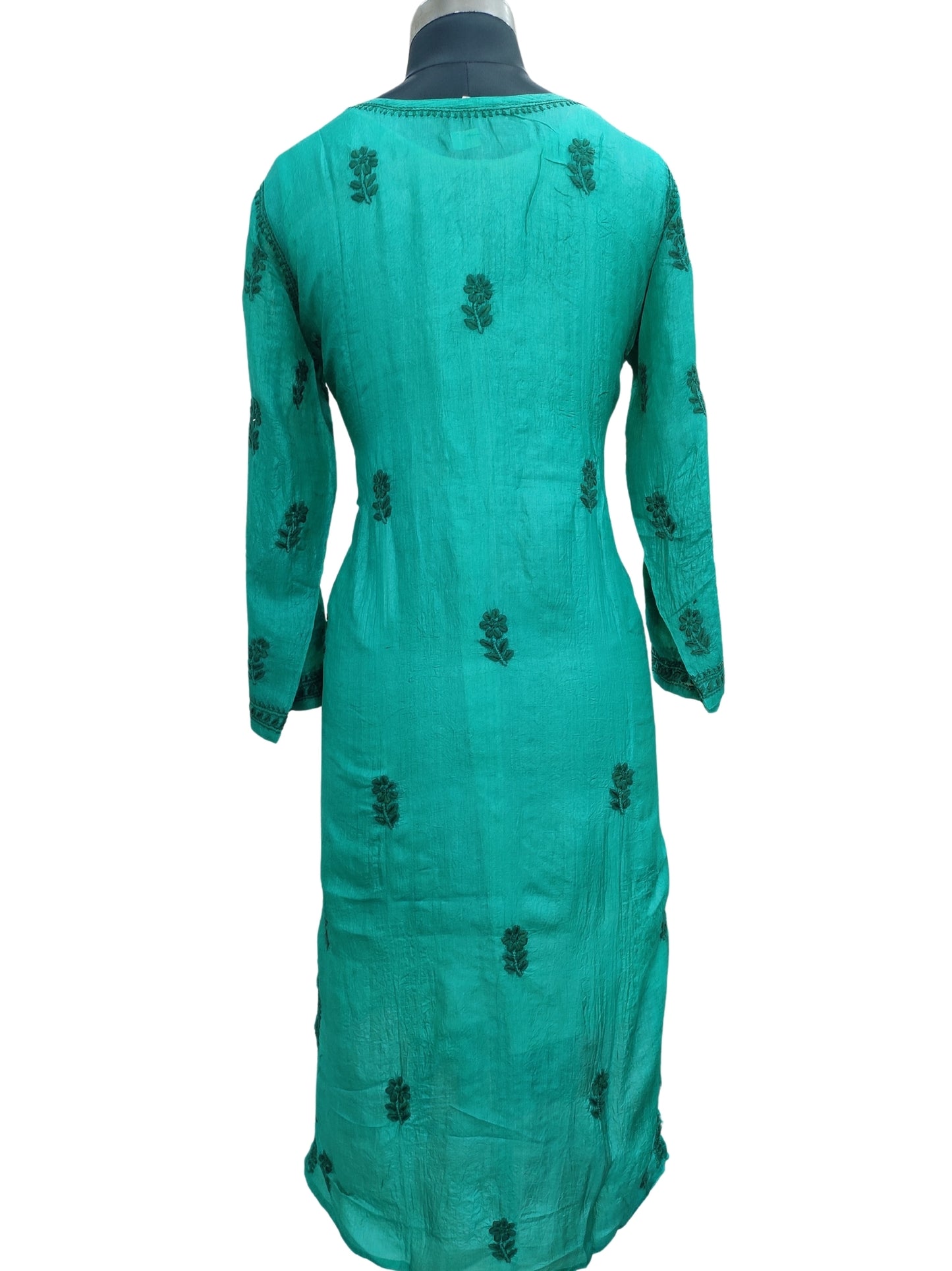 Shyamal Chikan Hand Embroidered Green Pure Tusser Silk Lucknowi Chikankari Kurti- S24397