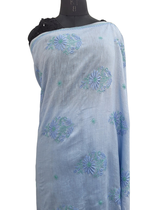 Shyamal Chikan Hand Embroidered Blue Pure Lenin Lucknowi Chikankari Saree With Blouse Piece- S24057