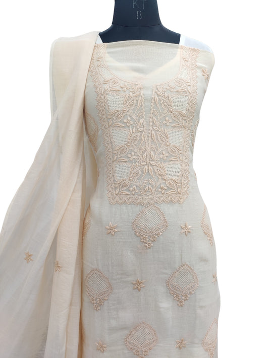 Shyamal Chikan Hand Embroidered Fawn Mul Chanderi Lucknowi Chikankari Unstitched Suit Piece with Jaali Work (Kurta Dupatta Set) - S23726