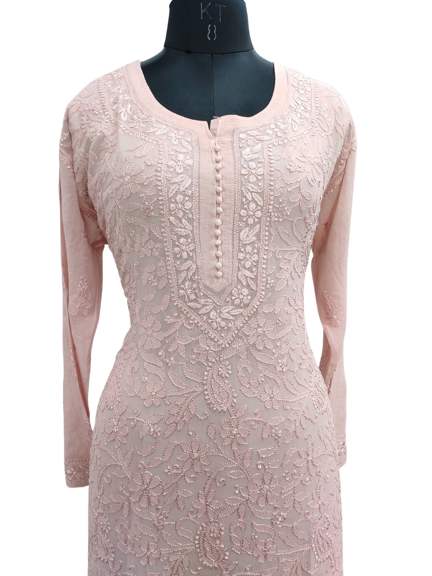 Shyamal Chikan Hand Embroidered Peach Viscose Georgette Lucknowi Chikankari Kurti - S24700