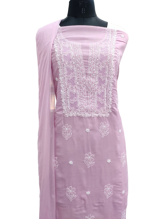Shyamal Chikan Hand Embroidered Plum Cotton Lucknowi Chikankari Unstitched Suit Piece - S26696