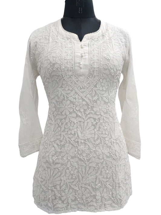 Shyamal Chikan Hand Embroidered White Muslin Lucknowi Chikankari Short Top - 23484