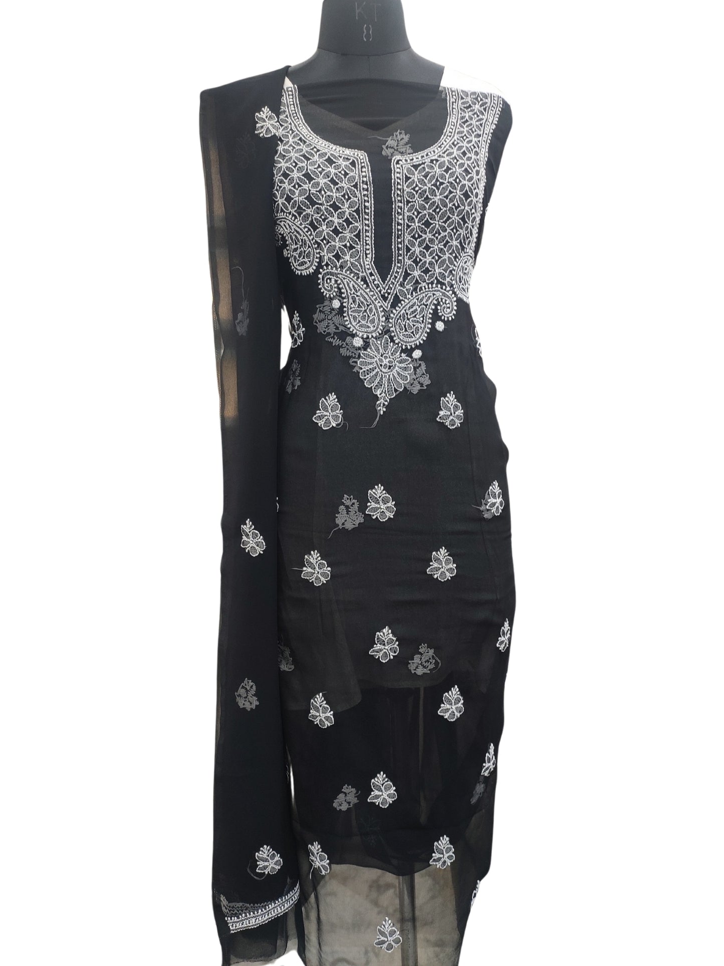 Shyamal Chikan Hand Embroidered Black Georgette Lucknowi Chikankari Unstitched Suit Piece - 24096