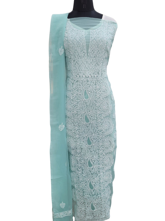 Shyamal Chikan Hand Embroidered Green Georgette Lucknowi Chikankari Unstitched Suit Piece - S24356