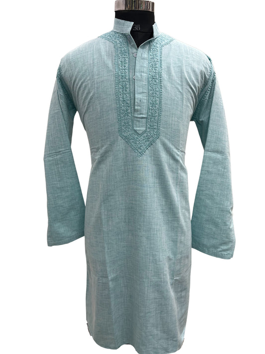 Shyamal Chikan Hand Embroidered Sky Blue Cotton Lucknowi Chikankari Men's Kurta– S20670