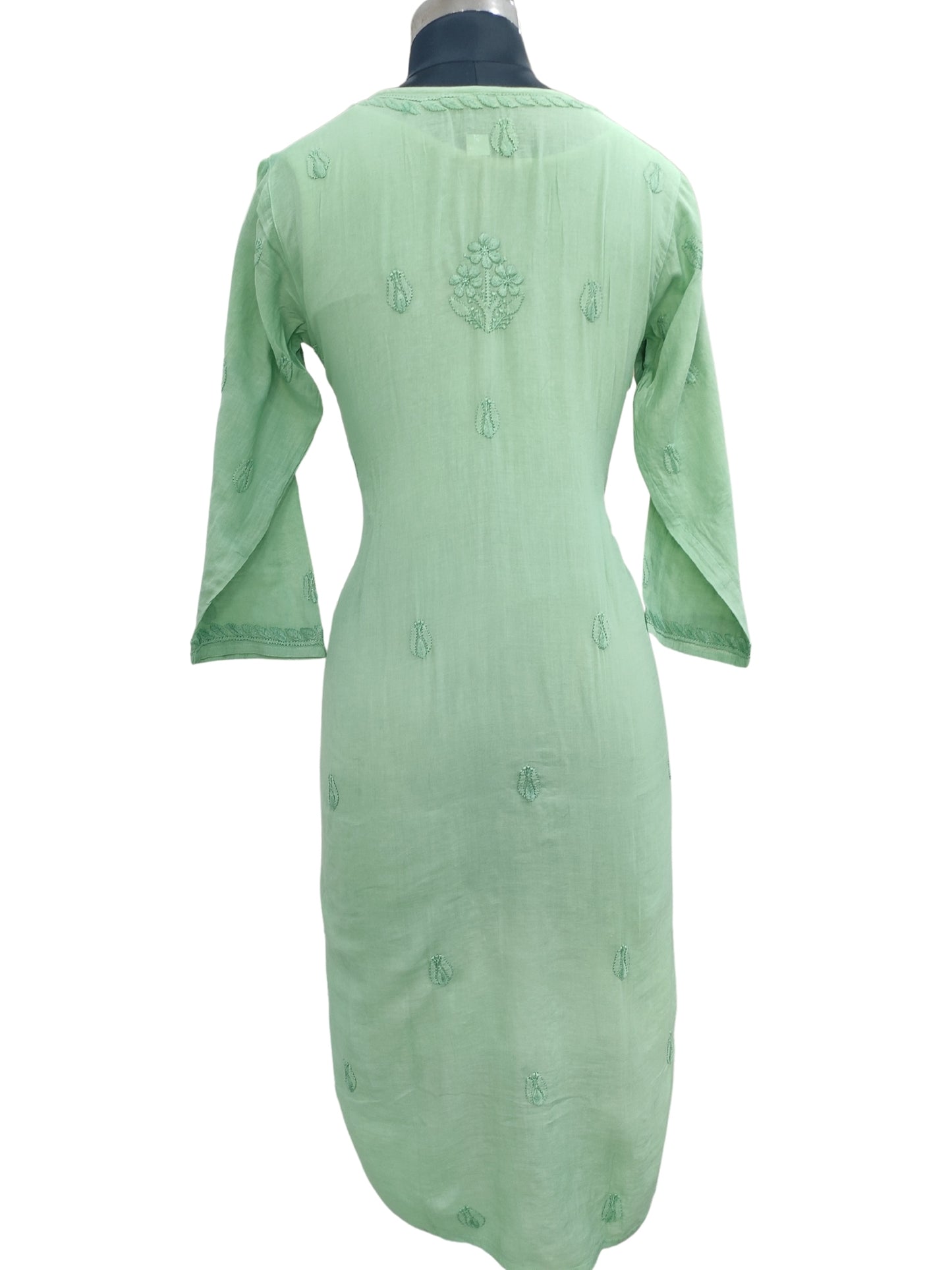 Shyamal Chikan Hand Embroidered Green Mul Lenin Lucknowi Chikankari Kurti- 23849