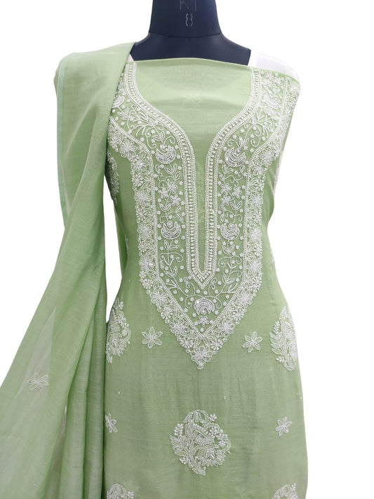 Shyamal Chikan Hand Embroidered Green Mul Chanderi Lucknowi Chikankari Unstitched Suit Piece with Cutdana & Sequin Work (Kurta Dupatta Set) 23762