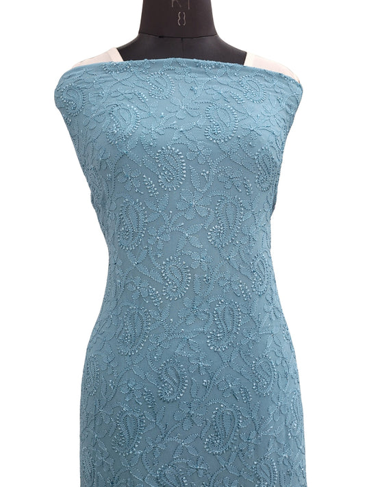 Shyamal Chikan Hand Embroidered Blue Viscose Georgette Lucknowi Chikankari Unstitched Kurta Piece- S19687