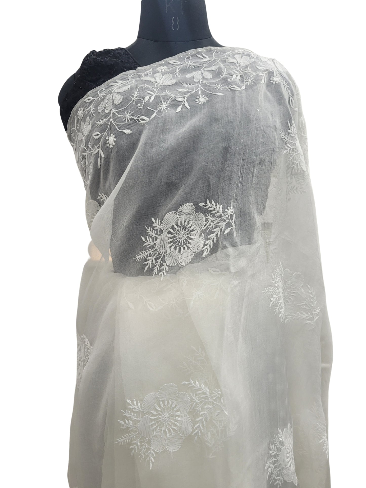 Shyamal Chikan Hand Embroidered White Pure Organza Lucknowi Chikankari Saree With Blouse Piece - S25013