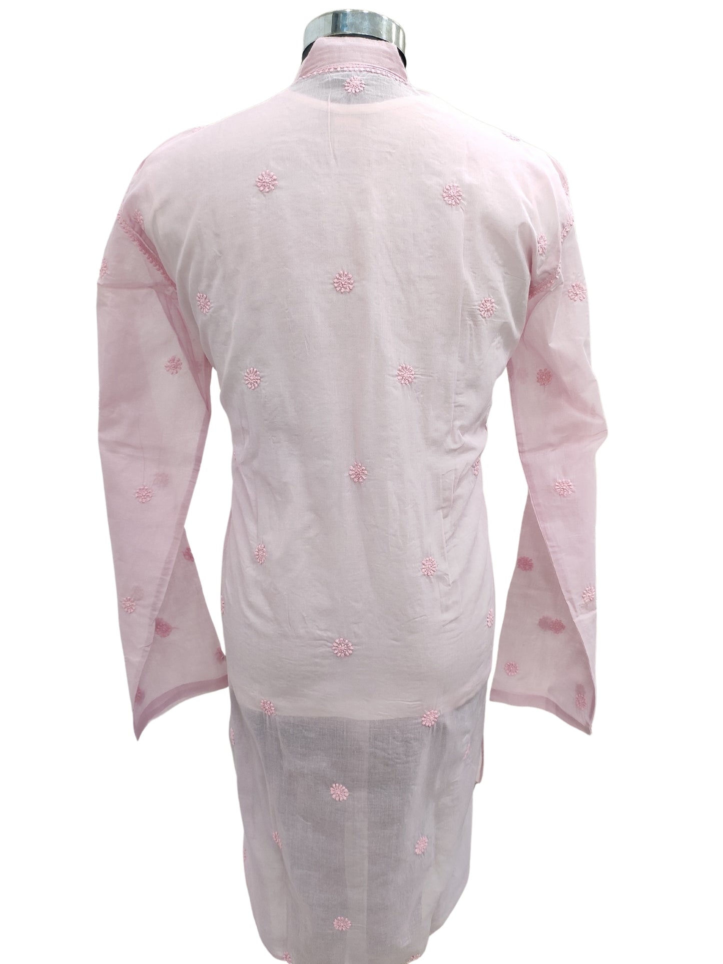 Shyamal Chikan Hand Embroidered Pink Cotton Lucknowi Chikankari Men's Kurta With Daraz Work S23440