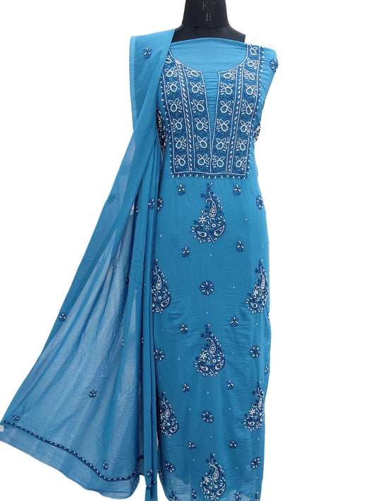 Shyamal Chikan Hand Embroidered Blue Pure Cotton Lucknowi Chikankari Unstitched Suit Piece With Pearl Sequin & Cutdana Work( Kurta Duptta Set ) - S17391
