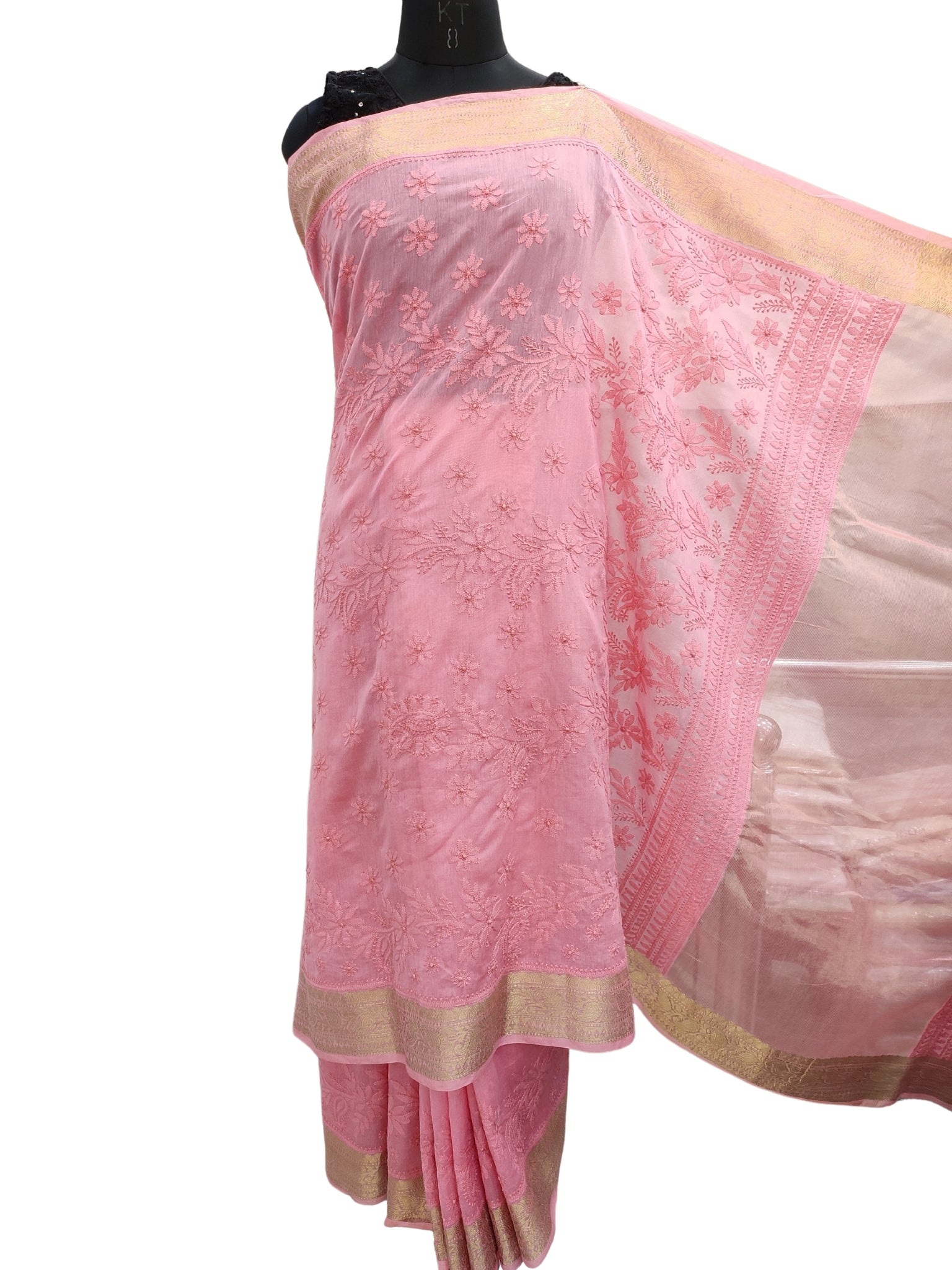 Shyamal Chikan Hand Embroidered Pink Mul Chanderi Lucknowi Chikankari Saree With Blouse Piece - S21157
