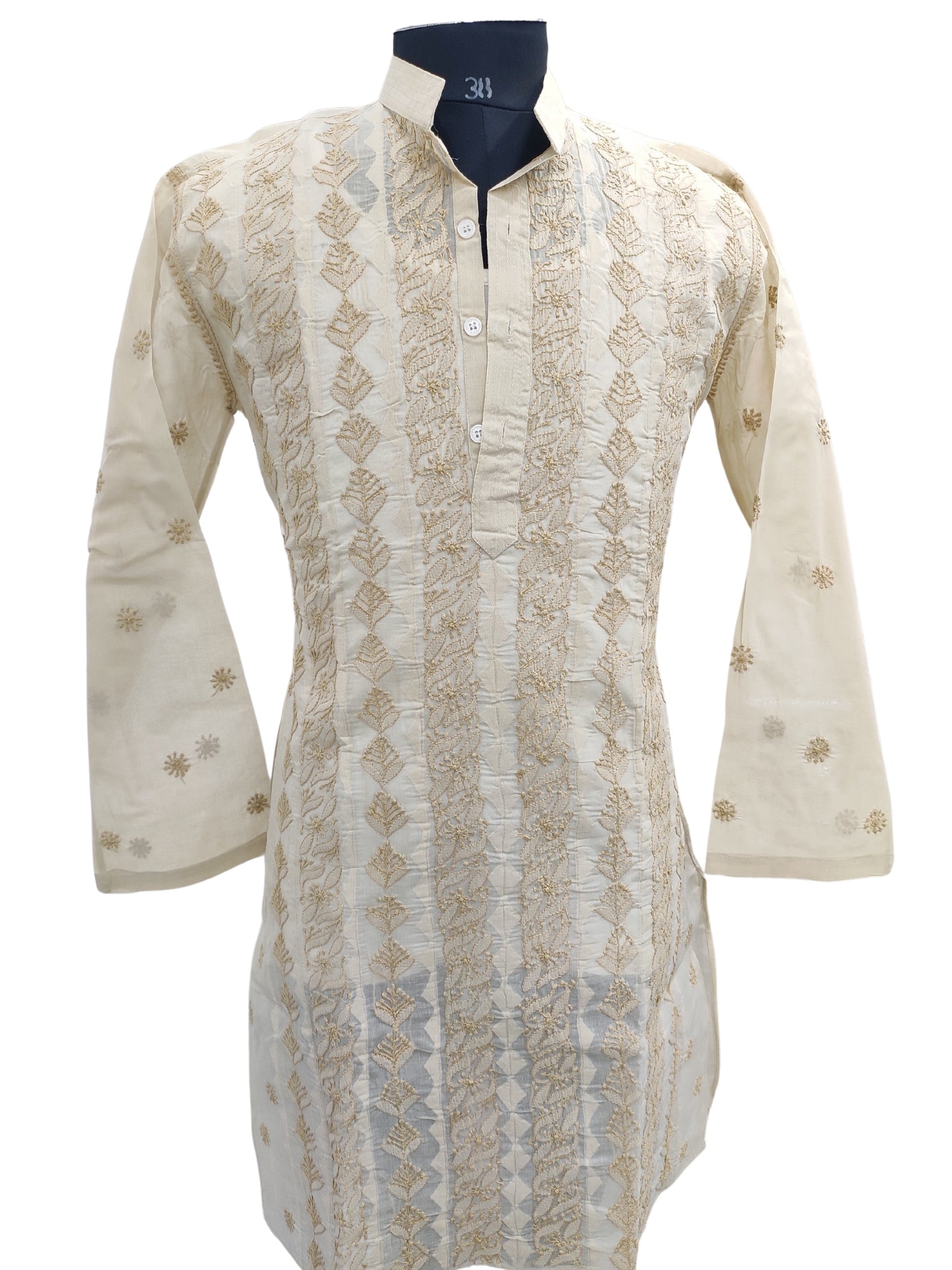 Shyamal Chikan Hand Embroidered Beige Cotton Lucknowi Chikankari Men's Kurta With Daraz Work S23455