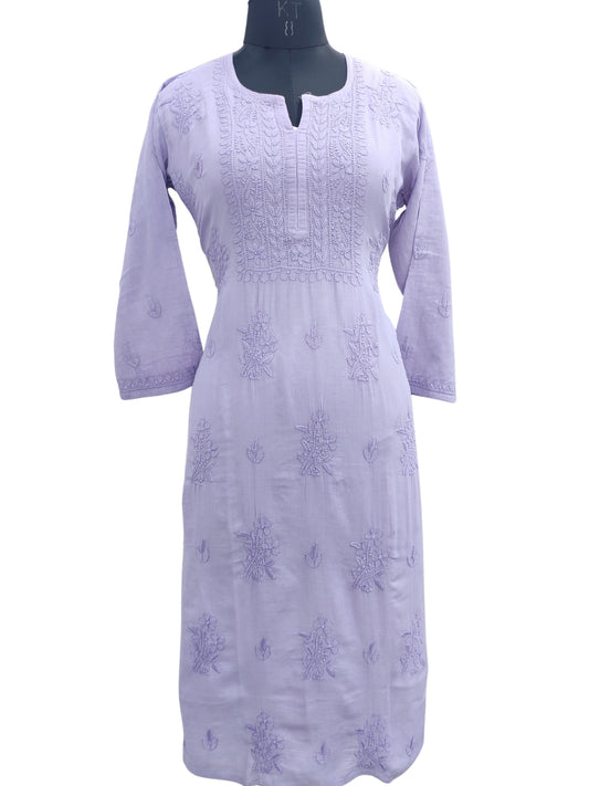 Shyamal Chikan Hand Embroidered Purple Mul Lenin Lucknowi Chikankari Kurti- 23848