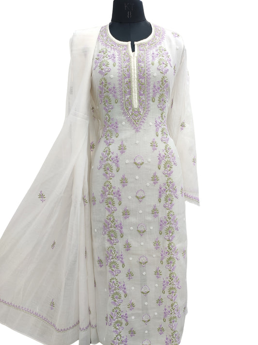 Shyamal Chikan Hand Embroidered White Mul Chanderi Lucknowi Chikankari semi stitched Suit Piece With Pearl Cutdana & Sequin Work  (Kurta Dupatta Set) - S24477