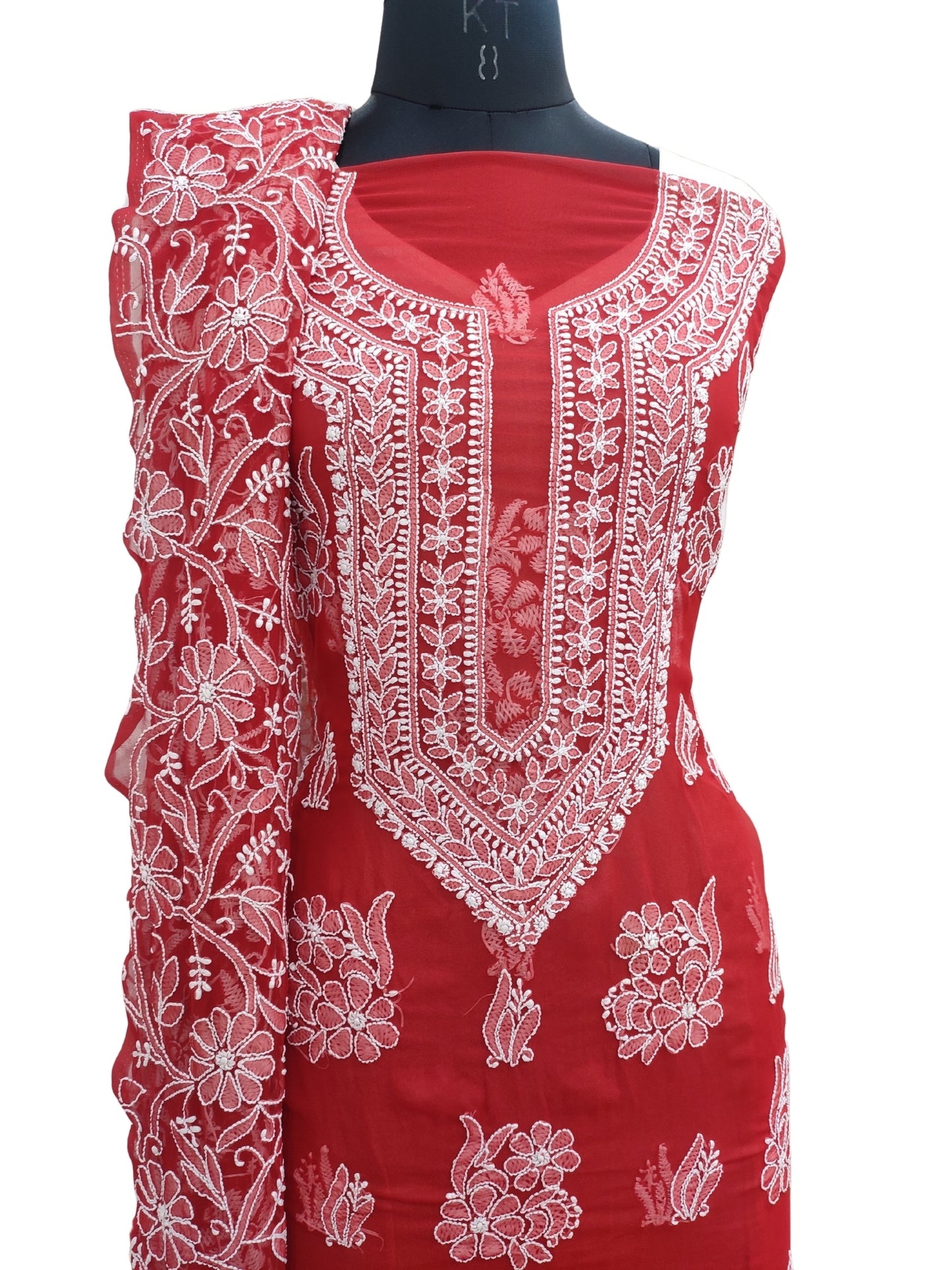 Shyamal Chikan Hand Embroidered Red Georgette Lucknowi Chikankari Unstitched Suit Piece With Heavy Dupatta - S25446