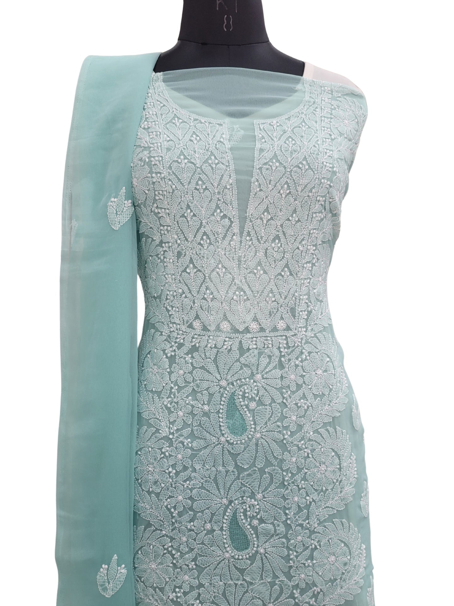 Shyamal Chikan Hand Embroidered Green Georgette Lucknowi Chikankari Unstitched Suit Piece - S24356