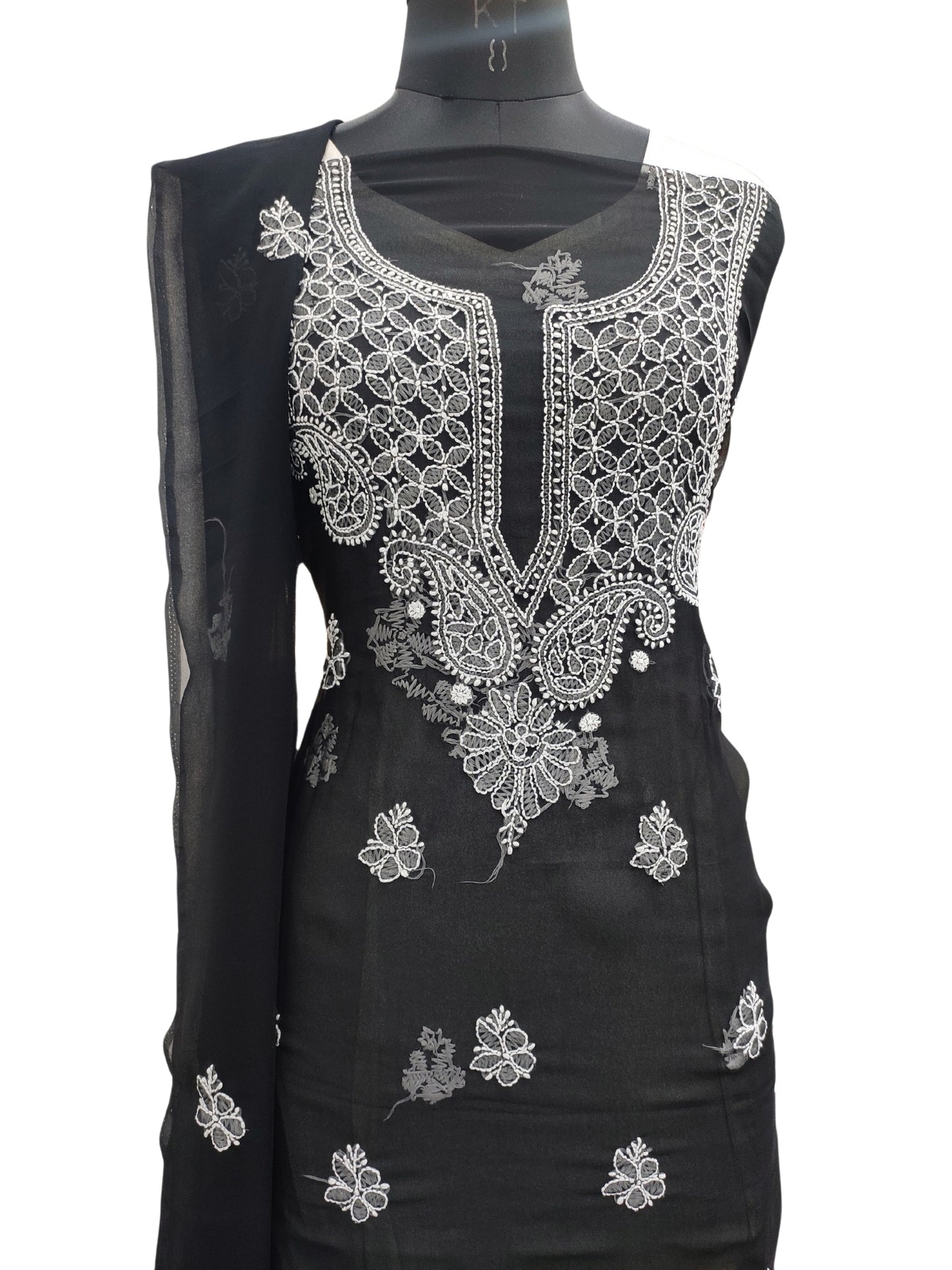 Shyamal Chikan Hand Embroidered Black Georgette Lucknowi Chikankari Unstitched Suit Piece - 24096