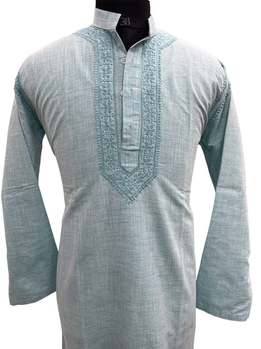 Shyamal Chikan Hand Embroidered Sky Blue Cotton Lucknowi Chikankari Men's Kurta– S20670