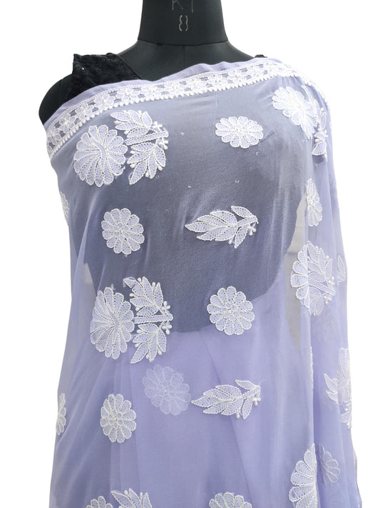 Shyamal Chikan Hand Embroidered Lavender Georgette Lucknowi Chikankari Saree With Blouse Piece - S21329