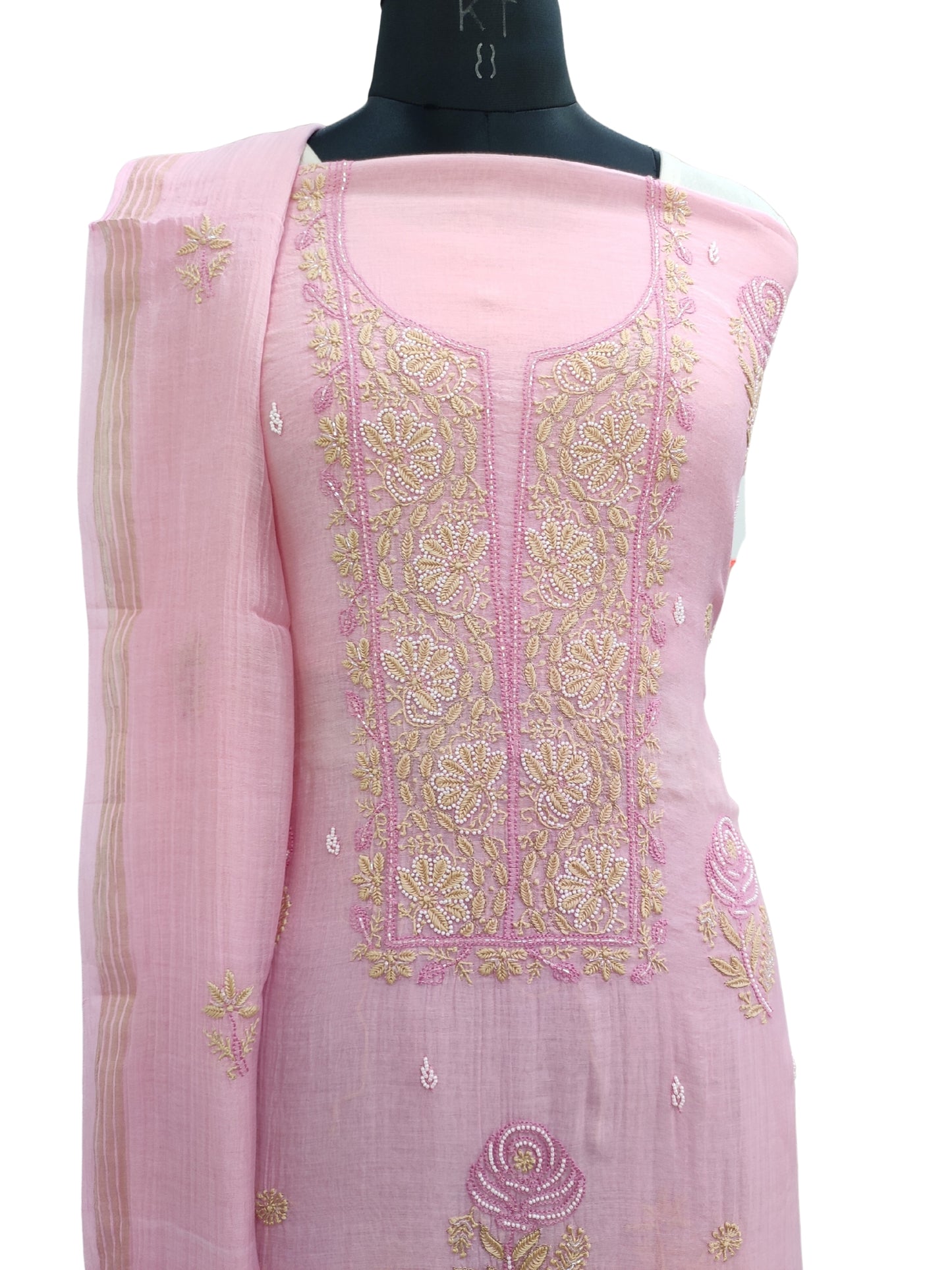Shyamal Chikan Hand Embroidered Pink Mulmul Chanderi Lucknowi Chikankari Unstitched Suit Piece With Pearl Work (Kurta Dupatta Set ) - S16689