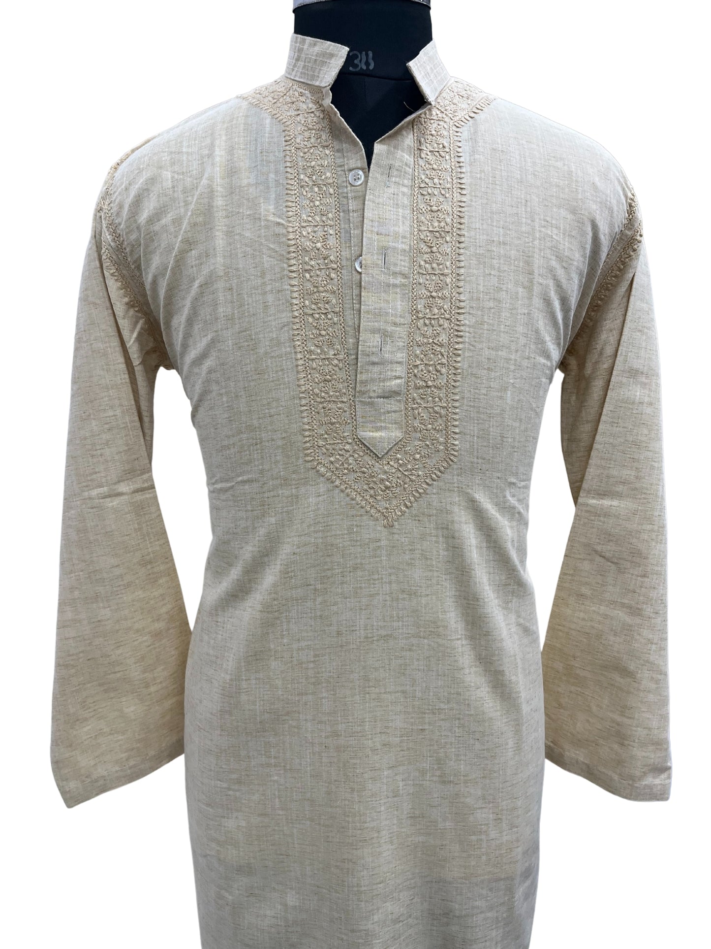 Shyamal Chikan Hand Embroidered Beige Cotton Lucknowi Chikankari Men's Kurta– S20668