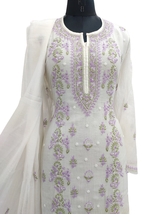 Shyamal Chikan Hand Embroidered White Mul Chanderi Lucknowi Chikankari semi stitched Suit Piece With Pearl Cutdana & Sequin Work  (Kurta Dupatta Set) - S24477