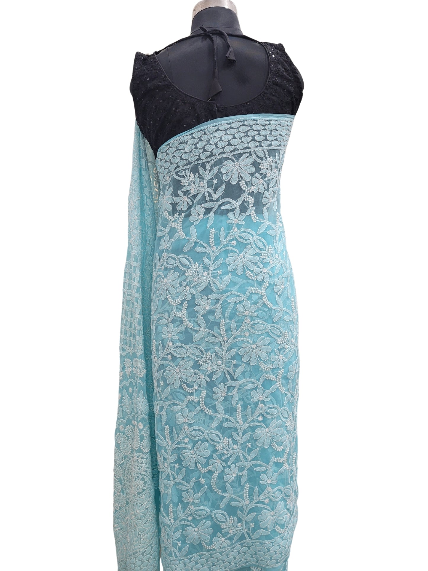 Shyamal Chikan Hand Embroidered Blue Georgette Lucknowi Chikankari Full Jaal Saree With Blouse Piece - S25199