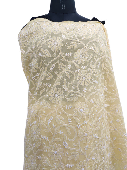 Shyamal Chikan Hand Embroidered Yellow Cotton Lucknowi Chikankari Heavy Palla Saree With Blouse Piece- S22531