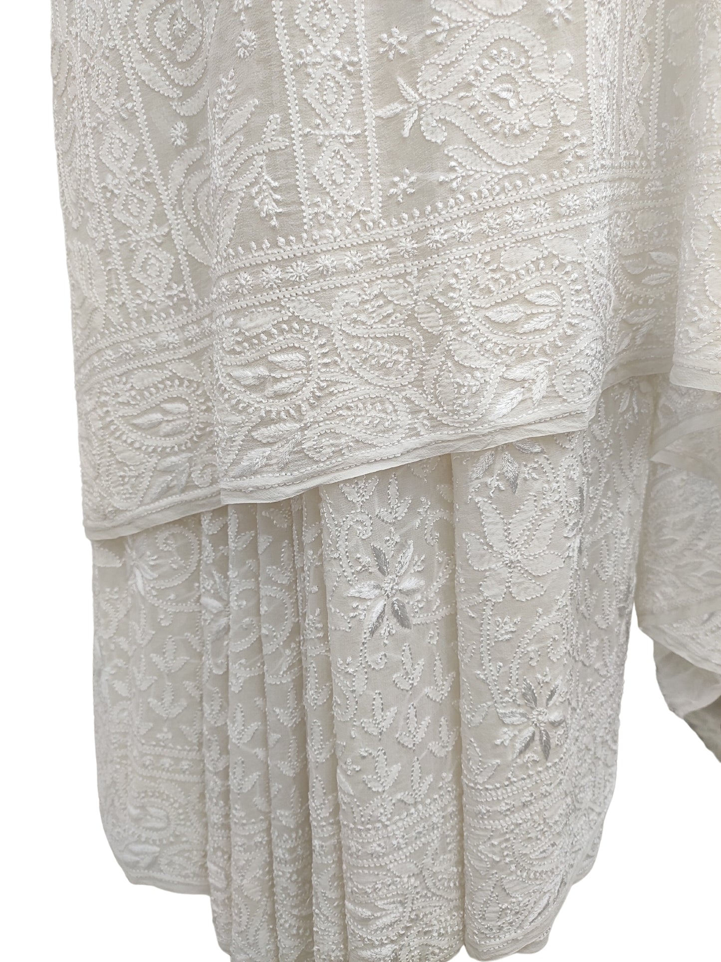 Shyamal Chikan Hand Embroidered White Pure Georgette Lucknowi Chikankari Saree With Blouse Piece  - S20823