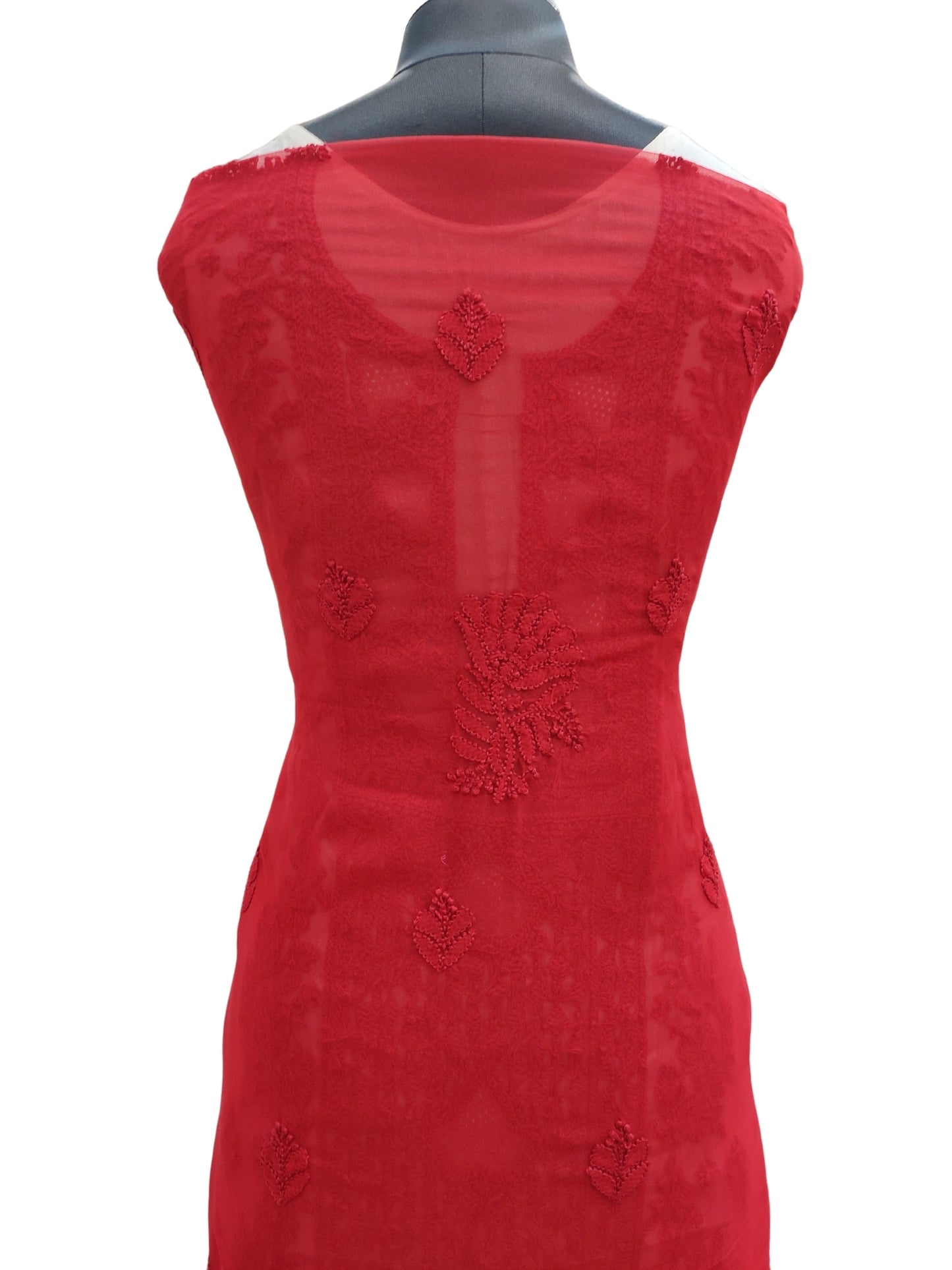 Shyamal Chikan Hand Embroidered Red Georgette Lucknowi Chikankari Unstitched Suit Piece - S21947