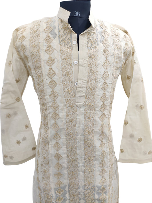 Shyamal Chikan Hand Embroidered Beige Cotton Lucknowi Chikankari Men's Kurta With Daraz Work S23455