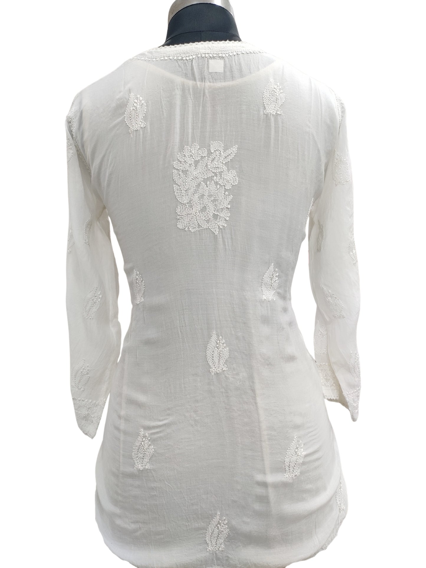 Shyamal Chikan Hand Embroidered White Muslin Lucknowi Chikankari Short Top - S23484